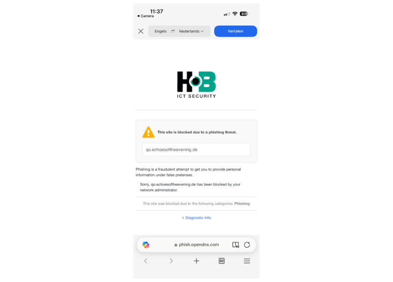 Blokkering bij openen phishing-site.